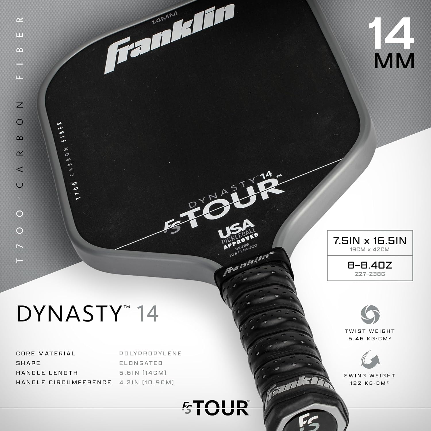 Franklin Sports Pro Pickleball Paddle Set - FS Tour Series Carbon Fiber Pickleball Paddle, Paddle Cover + Paddle Eraser - Official USA Pickleball (USAPA) Approved Paddle Set - Dynasty 14mm Core Dynasty - 14mm Grey