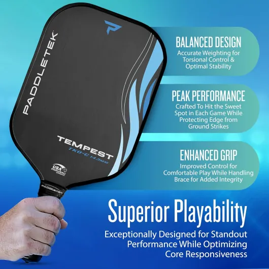 Paddletek Tempest TKO-C - Professional Pickleball Paddles with Polymer Honeycomb Core - PT-700 Unidirectional Carbon Fiber – Torsional Weighting & High Tack Performance Grip - USAPA Approved Riptide (Blue)
