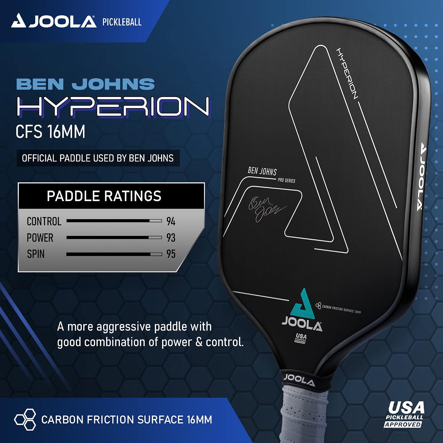 Ben Johns Hyperion Pickleball Paddle - Carbon Surface with High Grit & Spin, Elongated Handle, USAPA Approved 2022 Ben Johns Paddle - Available with Pickle Ball Paddle Cover 16mm Ben Johns Hyperion with Cover