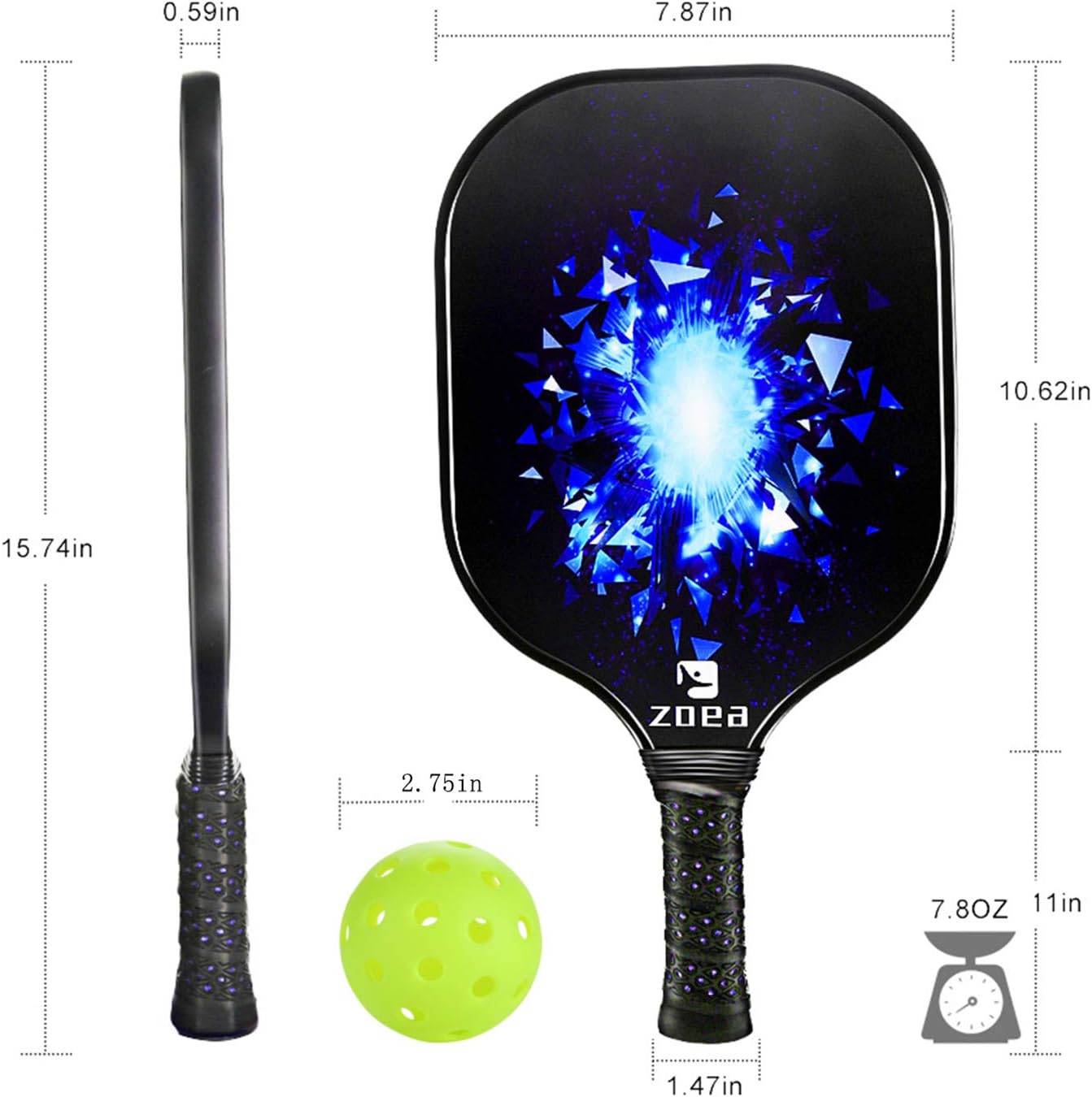 ZOEA Pickleball Paddle, Graphite Pickleball Racket with Carbon Fiber Surface and Polymer Honeycomb Composite Core for Outdoor and Indoor, Durable and Light Weight, Set of 2