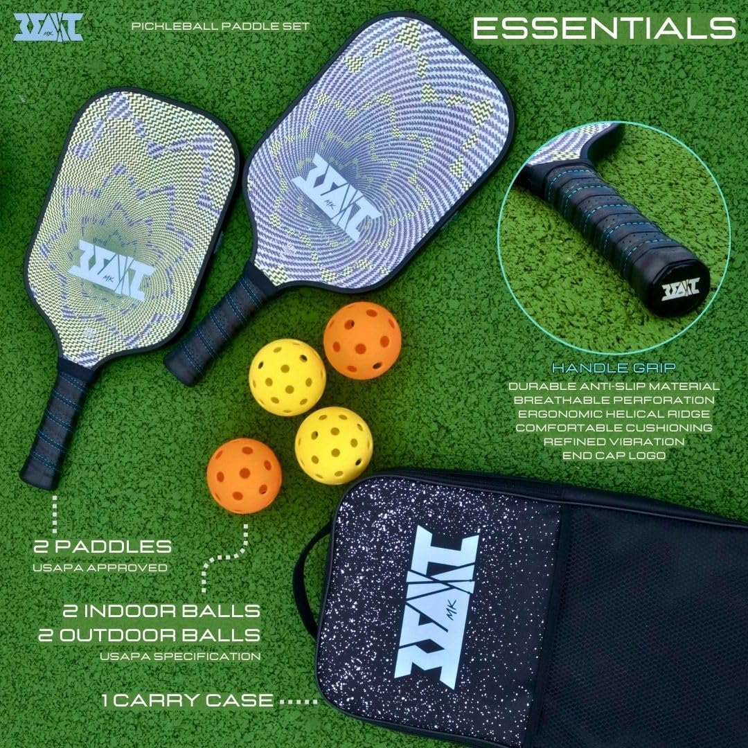 Pickleball Paddles Set of 2, USAPA Approved Pickleball Set, Fiberglass Paddle Bat Surface, Polypropylene Honeycomb Core Pickle Ball Rackets, 4 Balls, Carry Bag