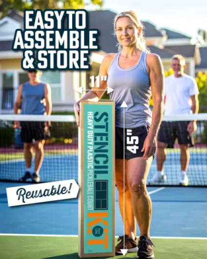 Pickleball Court Stencil Kit for Concrete - Thick Plastic, Half-Court Kit for Driveway & Concrete, Reusable, Easy Assembly, for a 44’ Long and 20’ Wide Court