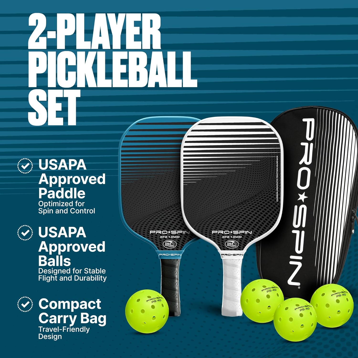 PRO-SPIN Carbon Fiber Pickleball Paddles Set of 2 or Single - Lightweight Pickleball Set with Indoor/Outdoor Balls, Bag & Covers – Durable Pickle Ball Paddle Gift for Men, Women & Families 2-Player Set - Blue/White