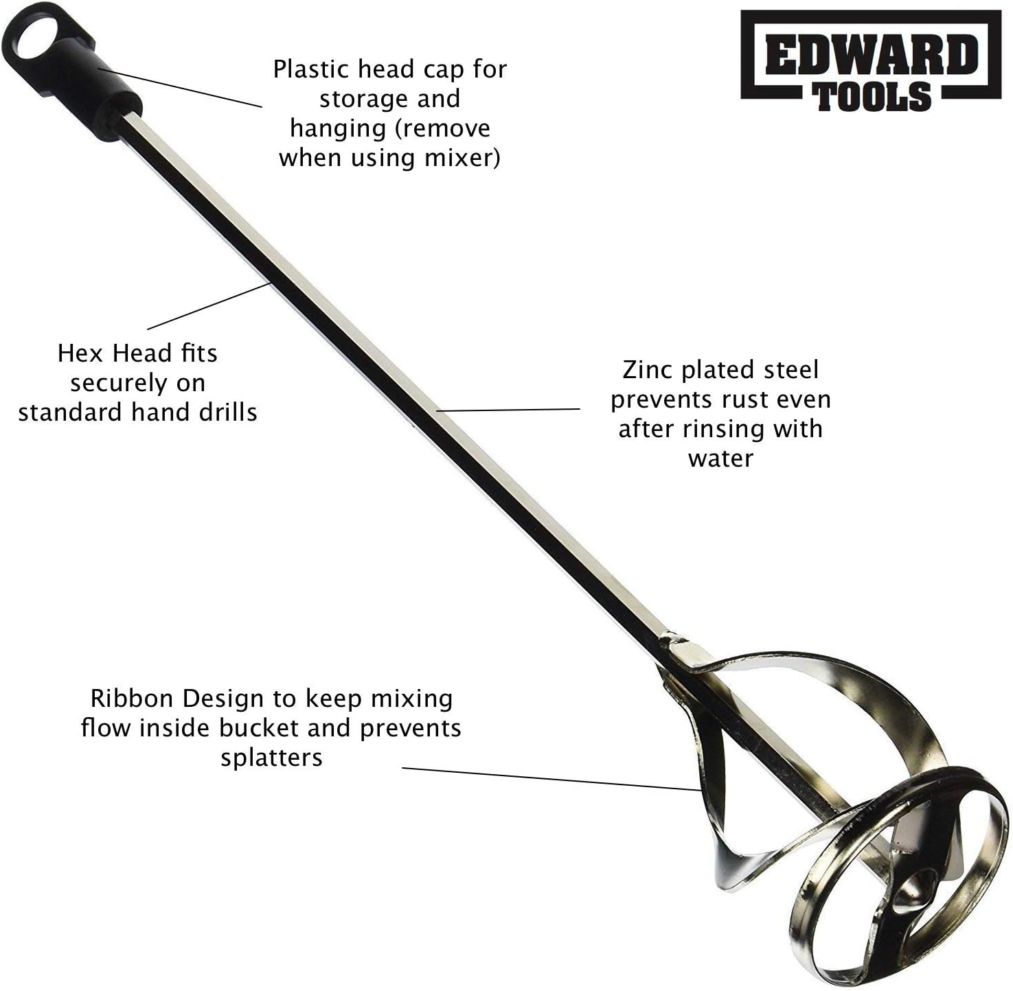Edward Tools Paint and Mud Mixer for Drill - Mixes 1 to 3 Gallons - 15 3/4" Length - 5/16" Hex Shaft - Zinc Plated Steel - Reinforced Weld - Non Slip Hex Head - Easy Clean - Paint Mixer Attachment