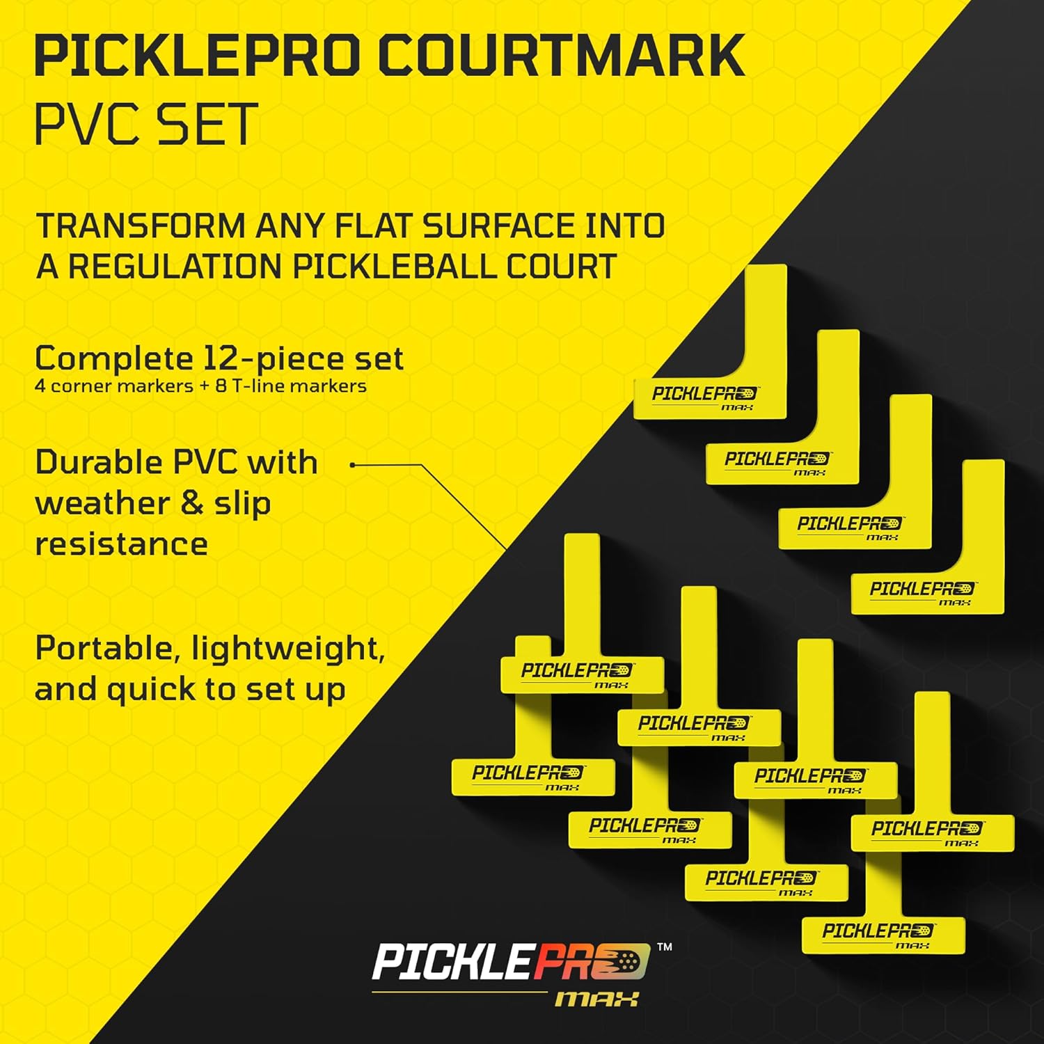 PicklePro CourtMark Pickleball Court Marking Kit with Carry Bag– Portable Pickleball Court Lines & Markers – 12-Piece Non-Slip PVC Lines Kit for Indoor & Outdoor Temporary Courts