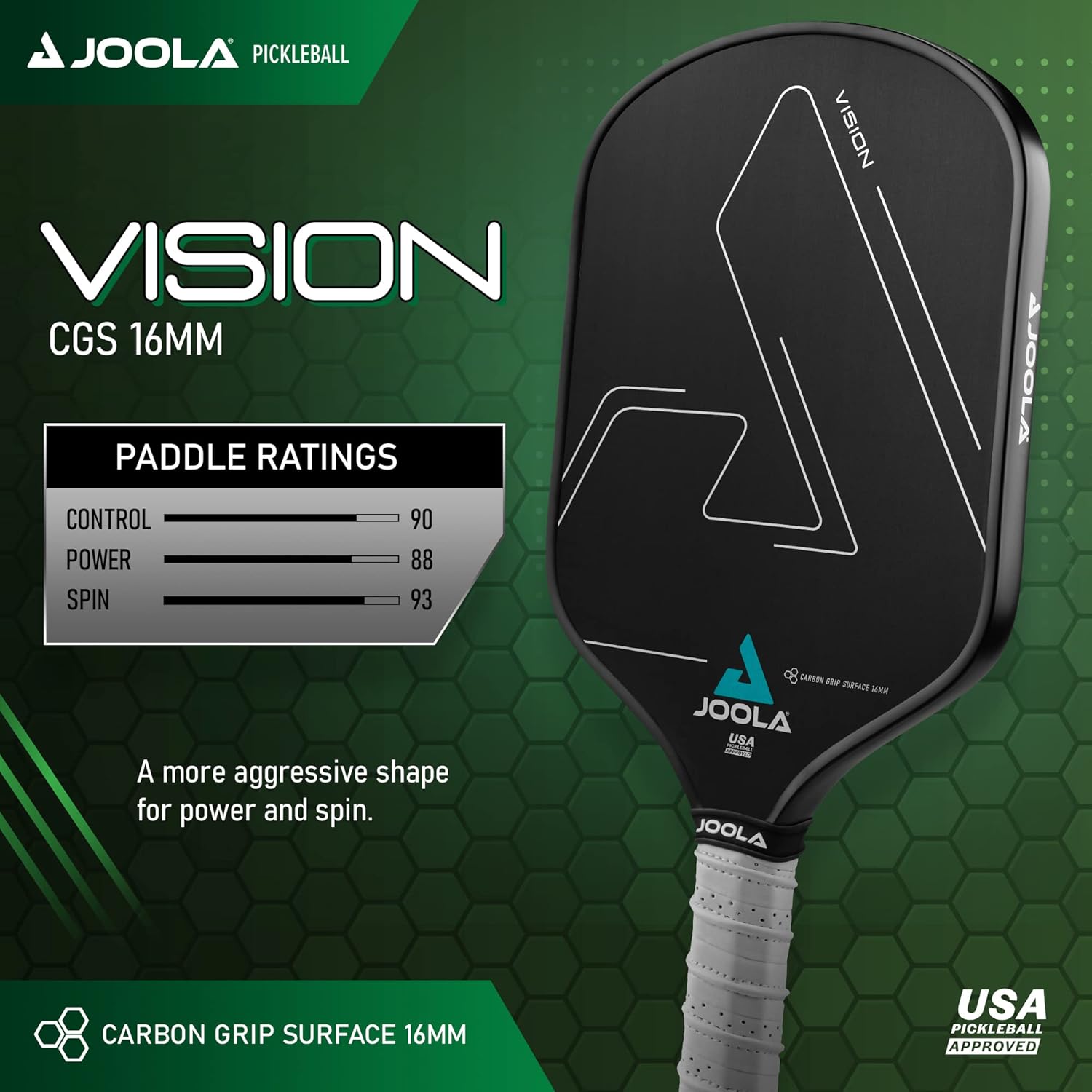 Vision Pickleball Paddle with Textured Carbon Grip Surface Technology for Maximum Spin and Control with Added Power - Polypropylene Honeycomb Core Pickleball Racket Available in 14mm and 16mm 16mm Vision CGS