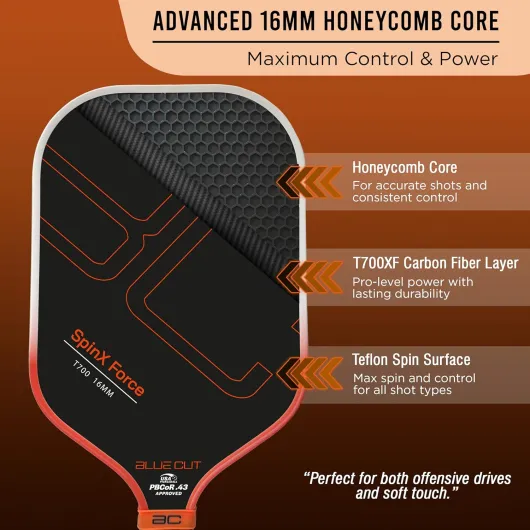 Pickleball Paddle – USAPA Approved Pickleball Paddles Racket with T700 Carbon Fiber, 16mm Honeycomb Core, Spin Surface, Pro Power Speed & Control – Includes Carry Bag Orange