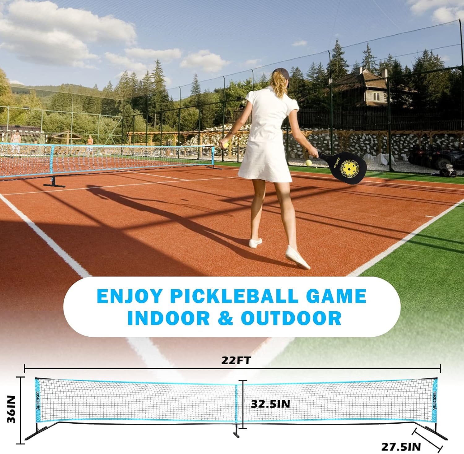Amicoson Pickleball Set with Net, 22FT Net Sets Portable 4 Wooden Paddles, 8 Pickleballs, 1 Carrying Bag, Backpack, 2 Rolls of Court Marking Tape &1 Measuring Tape, Black Net01
