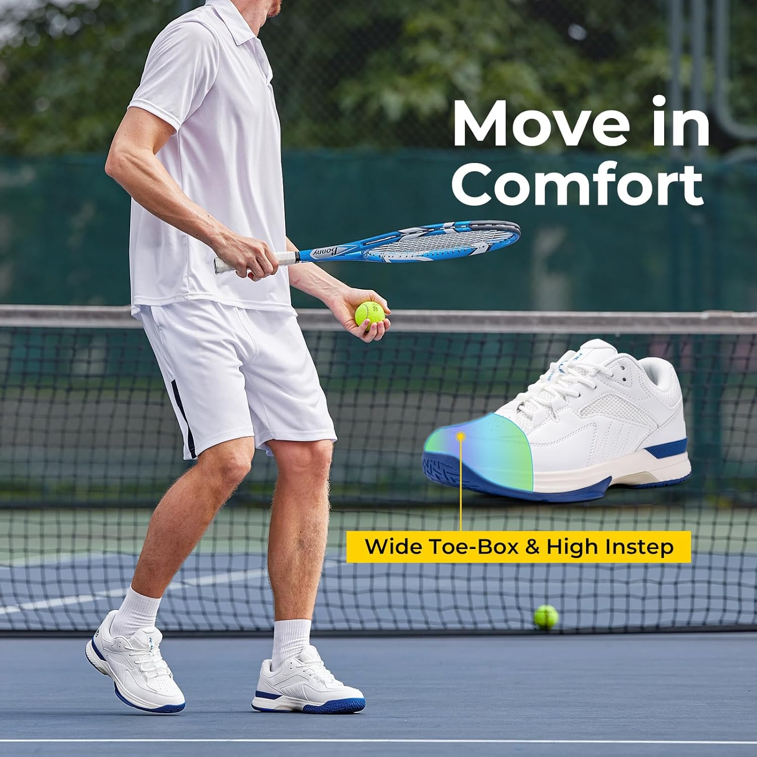 Mens Extra Wide Fit Tennis Badminton Squash Shoes Non Slip Sports Trainers for Volleyball Pickleball 10 UK X-Wide White