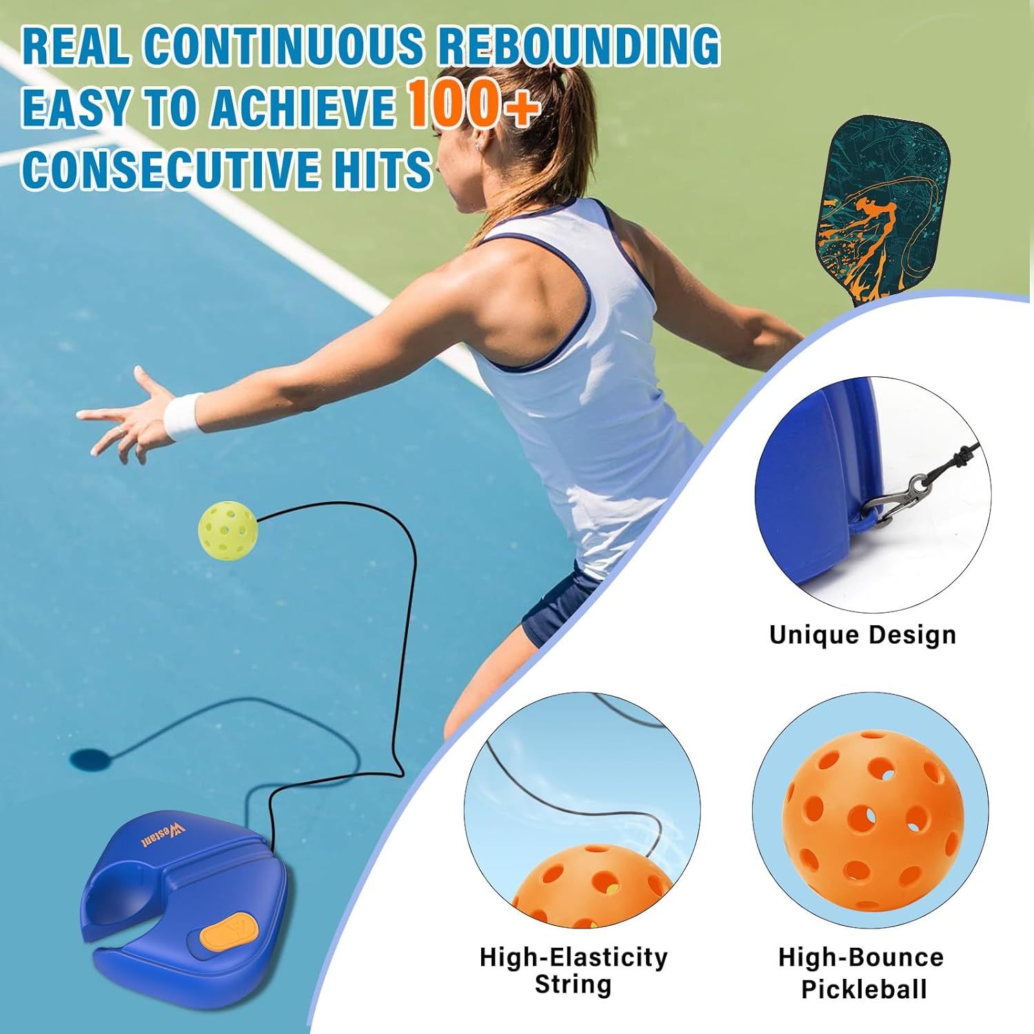 Westant Match Buddy Pickleball Trainer - Pickleball Practice Rebounder with Balls and Strings, Pickleball Training Aids for Adults, Kids, Perfect Pickleball Accessory and Gift for Self Practice Blue