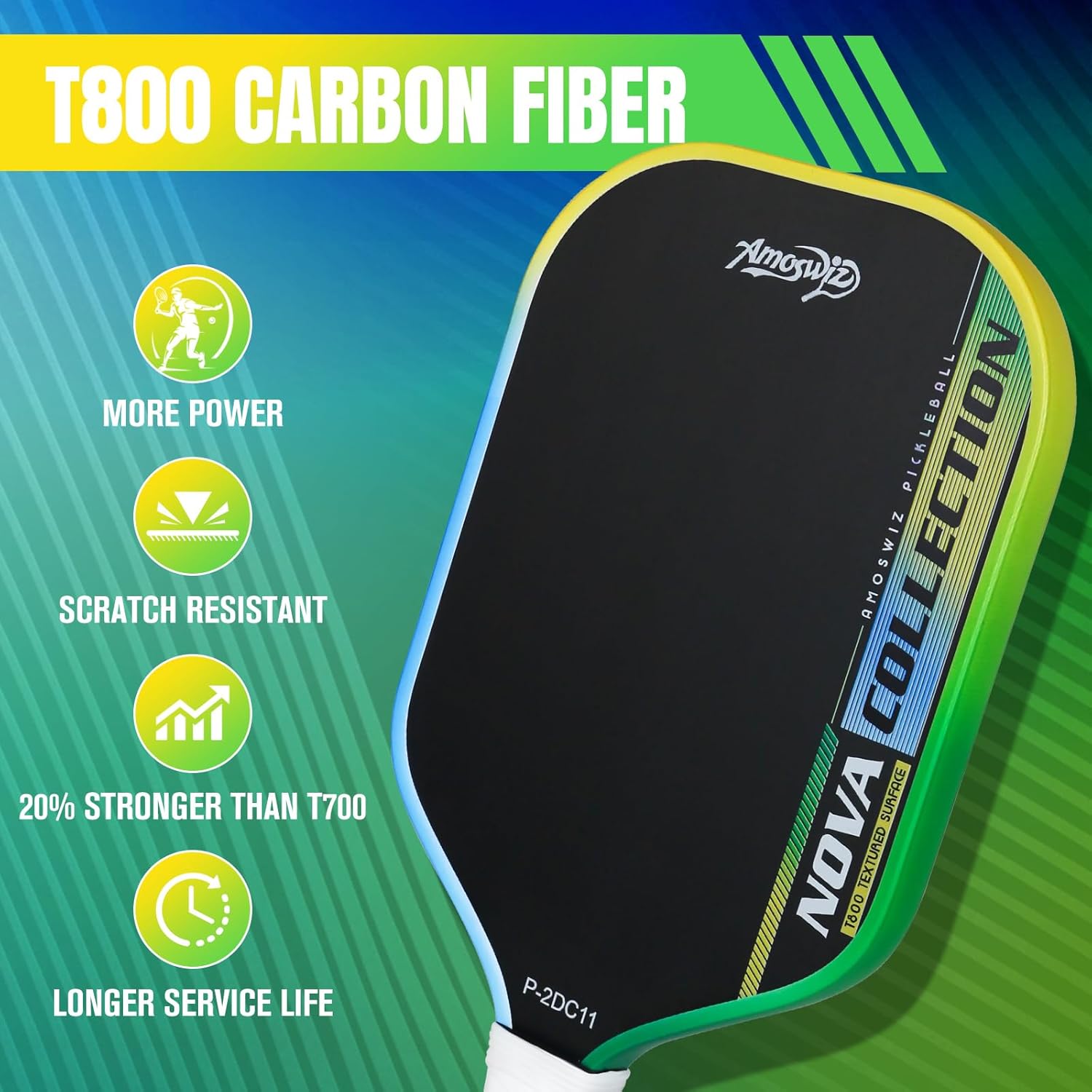 Carbon Fiber Pickleball Paddle, T800 Thermoformed 16MM Honeycomb Core with Gradient Edge & 4-Corner Foam Injected, for Intermediate Players Green-Yellow-Blue Gradiant
