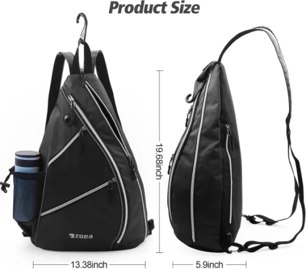 ZOEA Pickleball Bag, Sport Pickleball Sling Bag for Women Man, Adjustable Pickleball Backpack with Fence Hook Water Bottle Holder, Fits 4 Paddles and All Your Other Gear Black