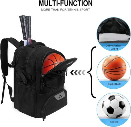 WOLT Tennis Bag Large Tennis Racket Backpack for Women Men, Holds 2 Racquets with Shoe Compartment Fits Badminton Pickleball Squash Racket Black