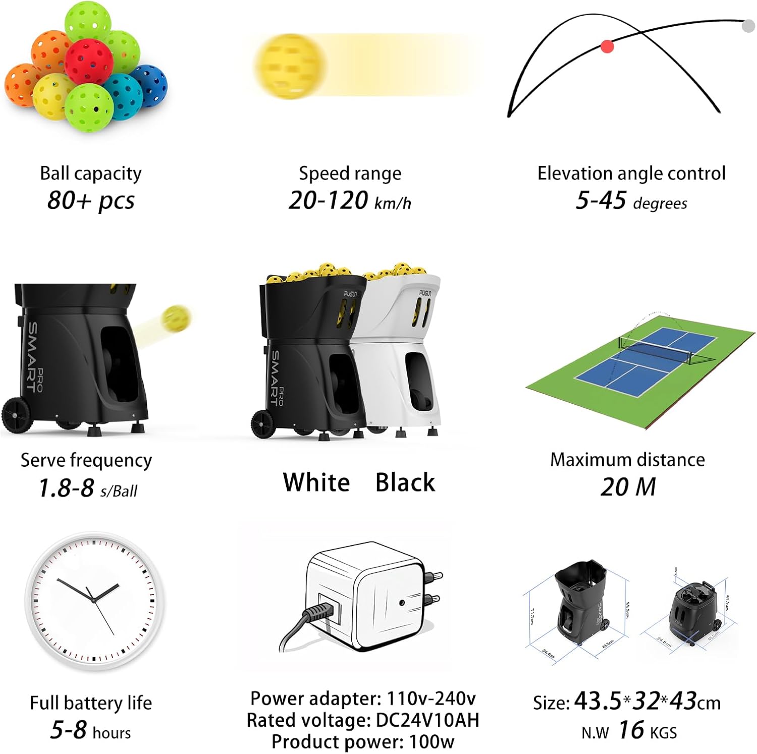PP-Smart Pro Pickleball Machine - 80+ Ball Capacity, 75MPH, 45° Lob, Remote - 6HR Battery Portable Ball Launcher for Training Practice (Black)